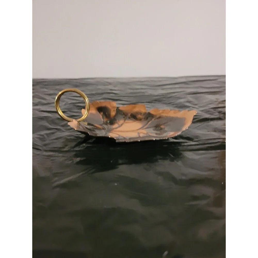 Vintage Copper Leaf Dish Tray Change Keys Brass Handle Patina
